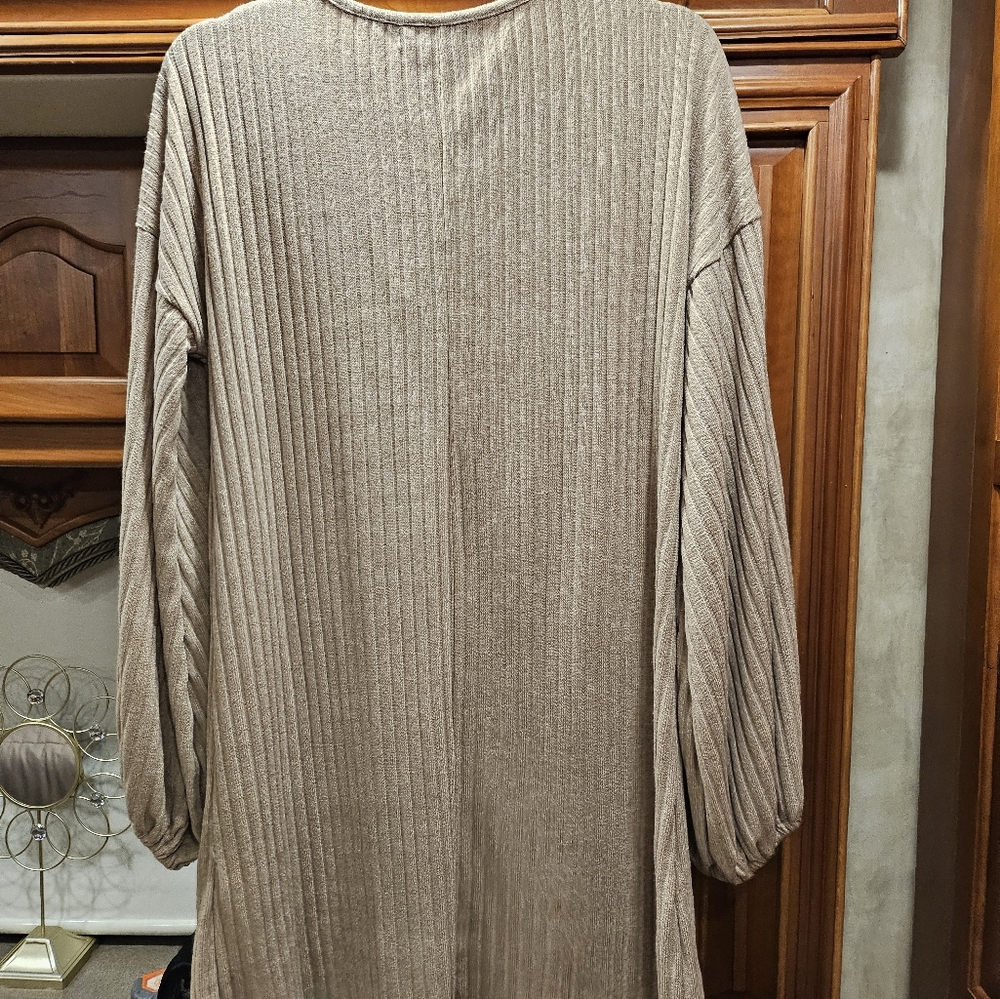 Miss Sparkling Lantern Sleeve Ribbed Khaki V- Neck Sweater Dress Medium - Picture 4 of 5